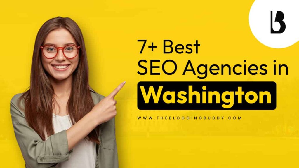 girl in left pointing towards the text of best SEO agencies in Washington